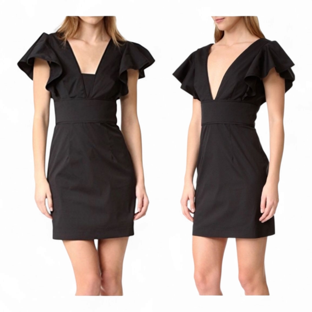 MILLY Deni Mini Dress 10 Black Poplin Flutter Sleeve Plunge Neckline Party